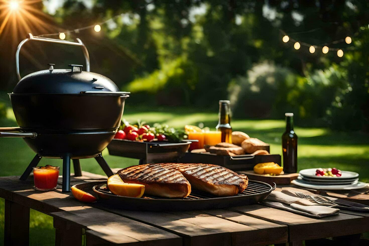 a grill on a table with food and drinks. AI-Generated photo