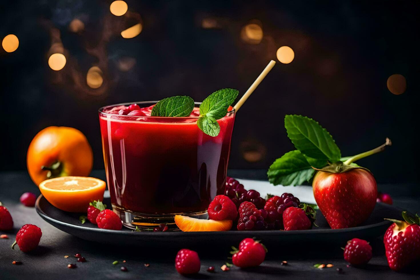 a glass of red juice with berries and mint leaves. AI-Generated photo