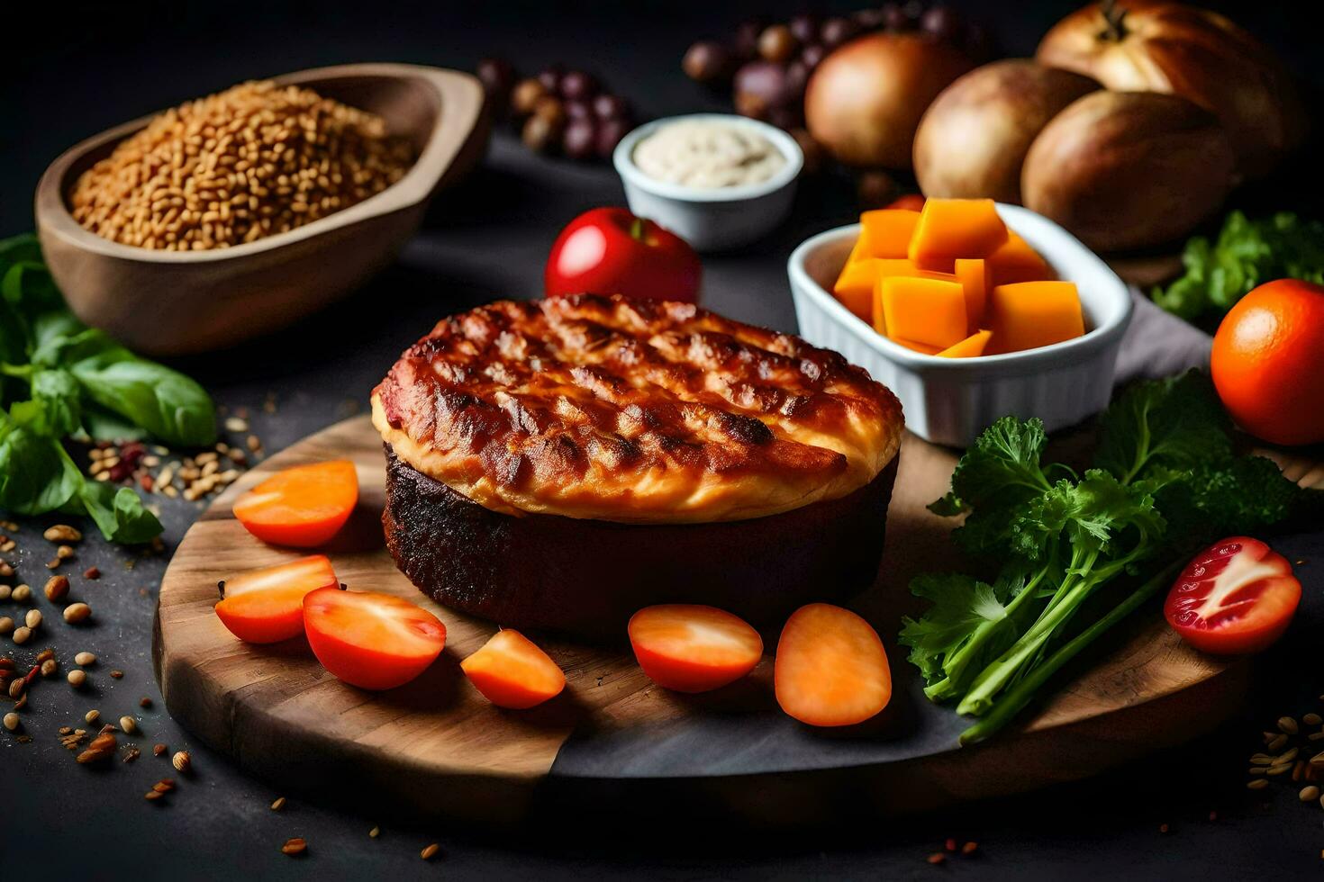 a pie with vegetables and other ingredients on a cutting board. AI-Generated photo