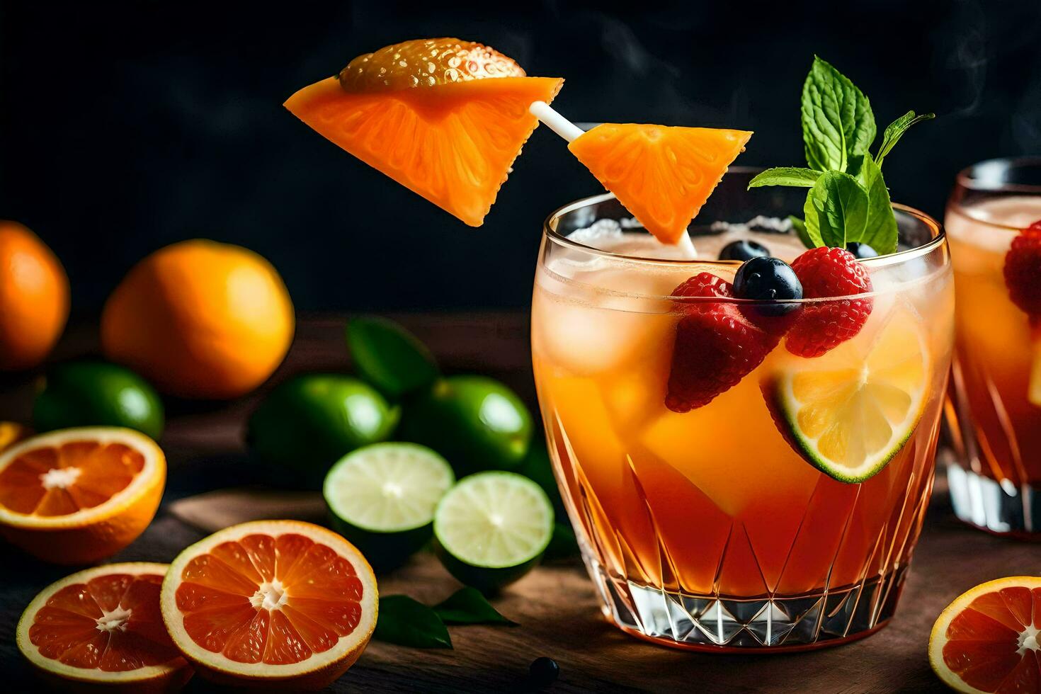 dos lentes de naranja jugo con Fruta y menta. generado por ai foto