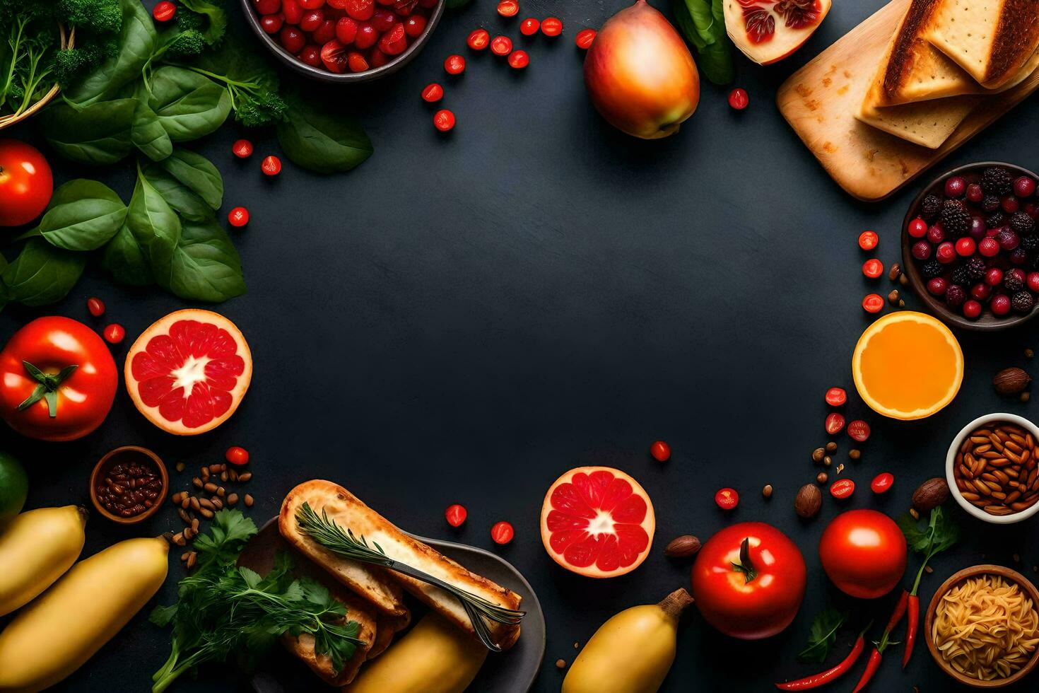 various fruits and vegetables arranged in a circle on a black background. AI-Generated photo