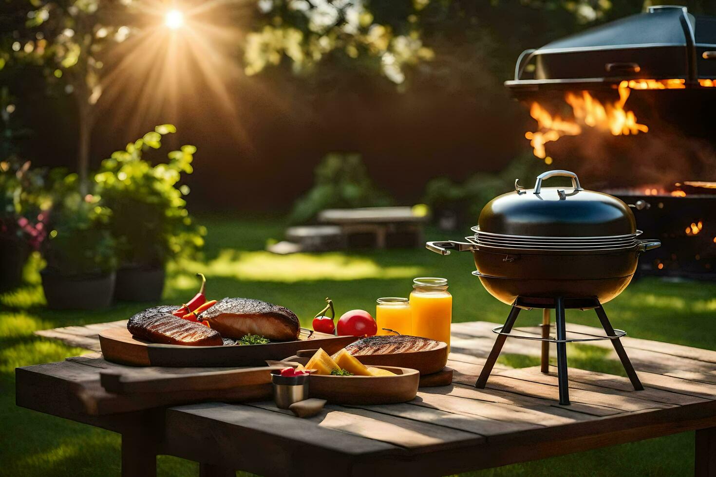a barbecue grill on a table with food and drinks. AI-Generated photo