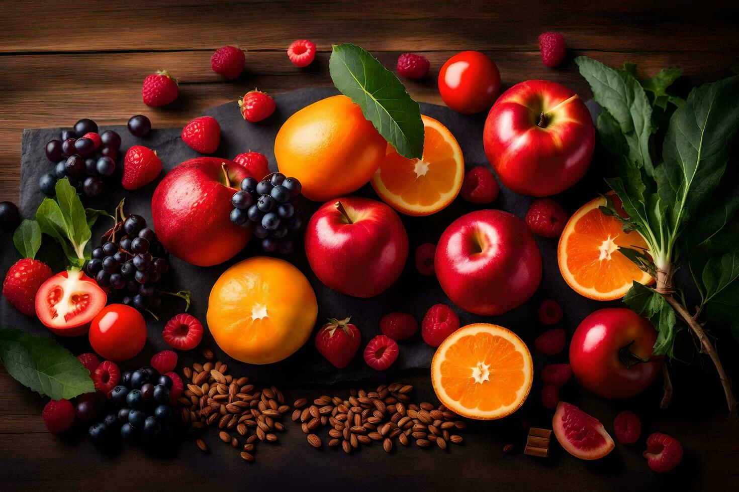 a variety of fruits and vegetables on a wooden table. AI-Generated photo