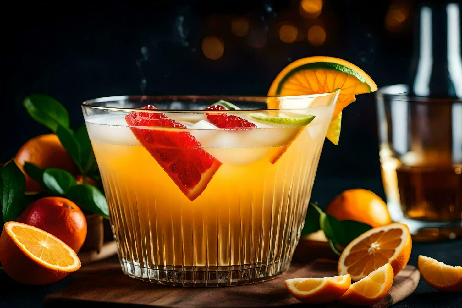 a glass of orange juice with slices of orange and a glass of whiskey. AI-Generated photo