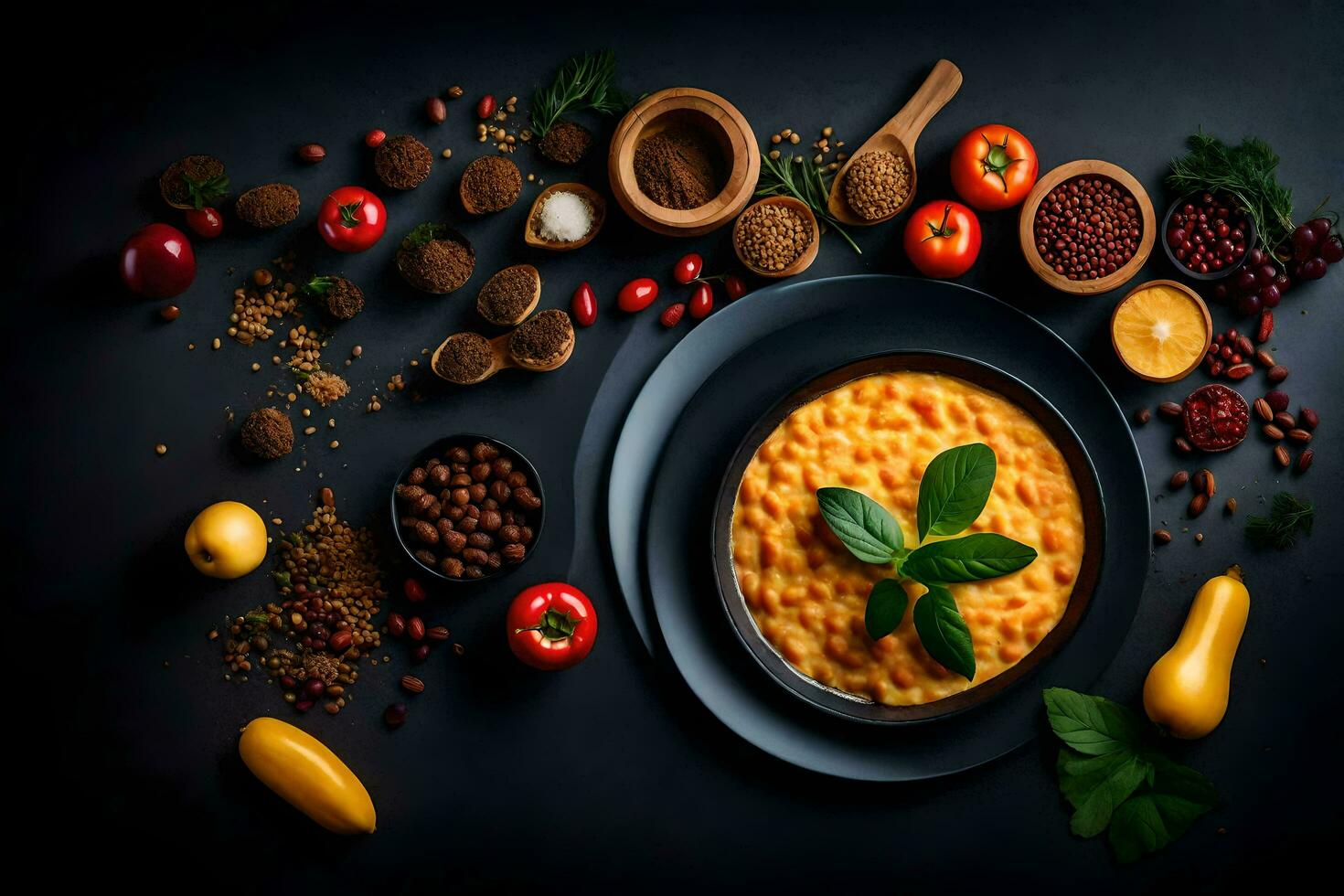 a bowl of food with spices and vegetables. AI-Generated photo
