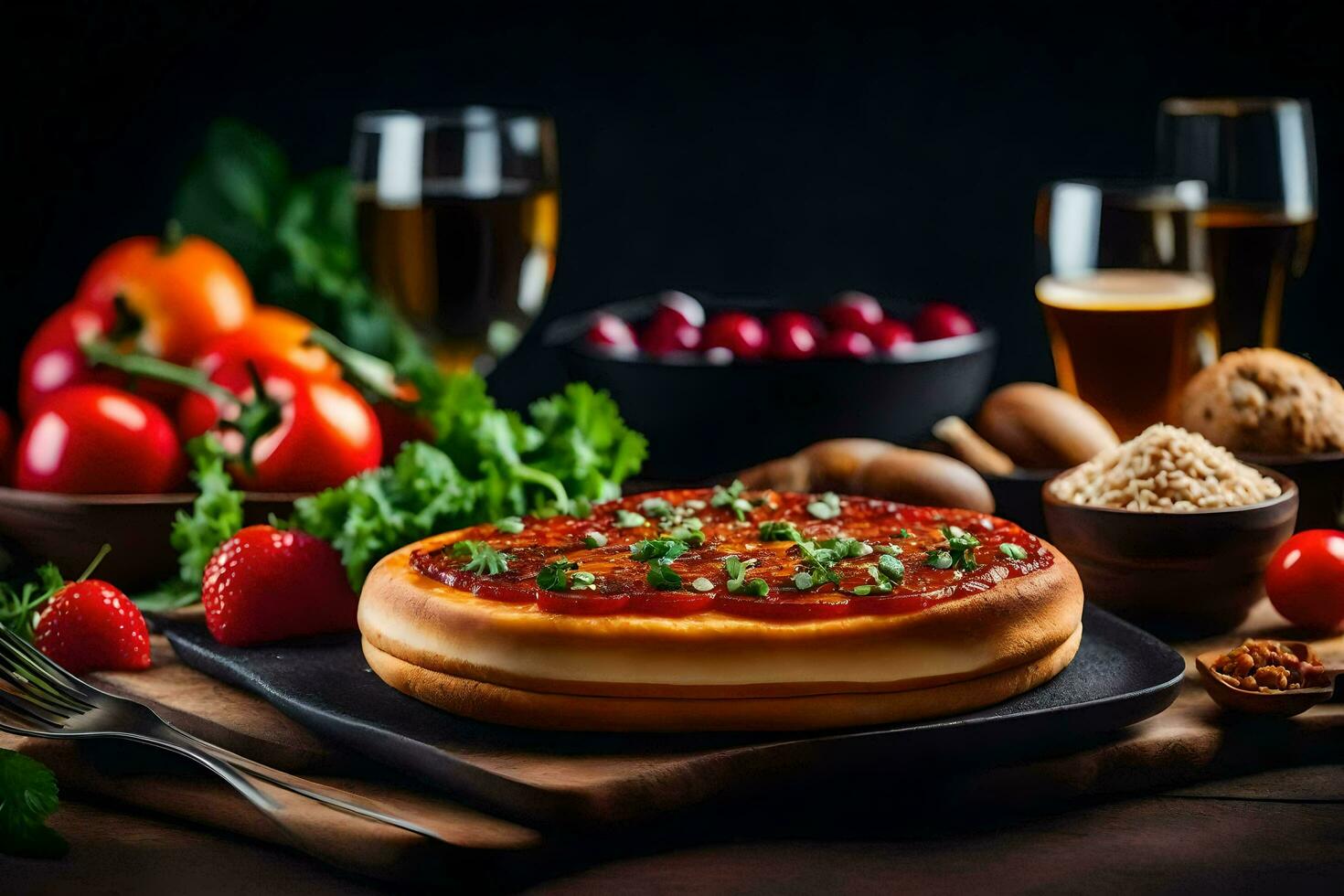 un Pizza con Tomates y queso en un negro lámina. generado por ai foto