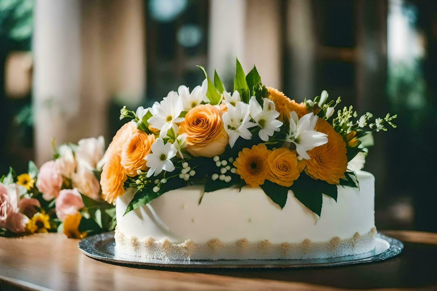 a white cake with orange flowers on top. AI-Generated photo