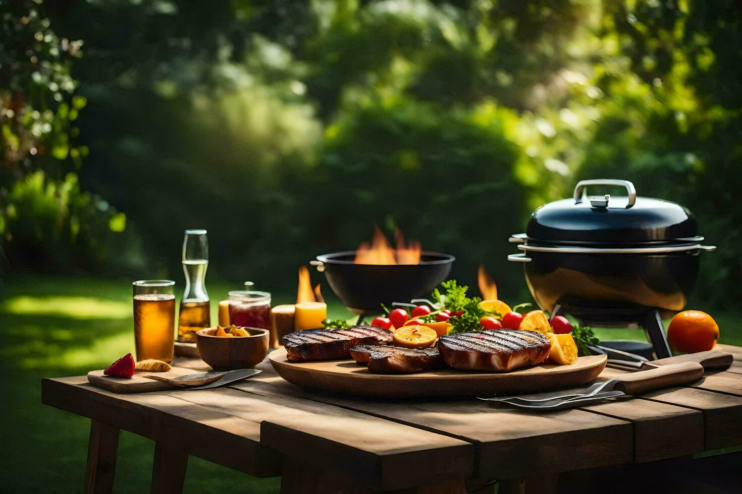 grilled steak and vegetables on a table in the garden. AI-Generated photo