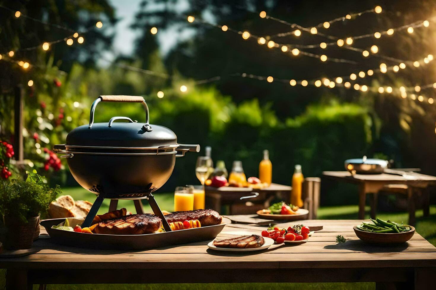 a barbecue grill on a table with food and drinks. AI-Generated photo