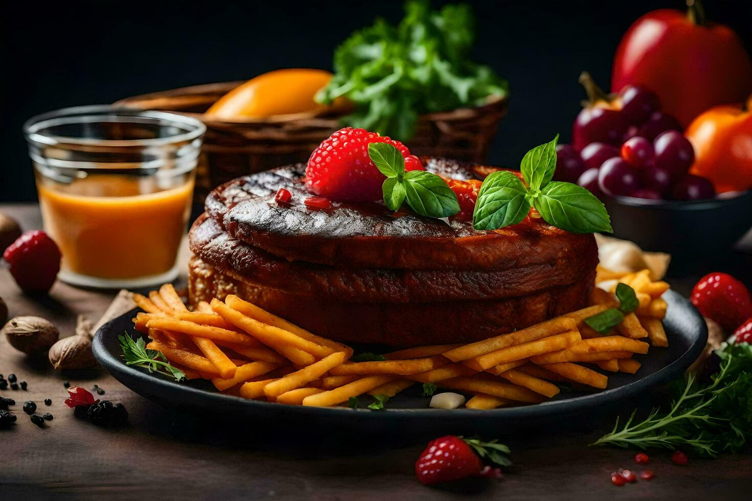 a plate of french fries and a strawberry on a wooden table. AI-Generated photo