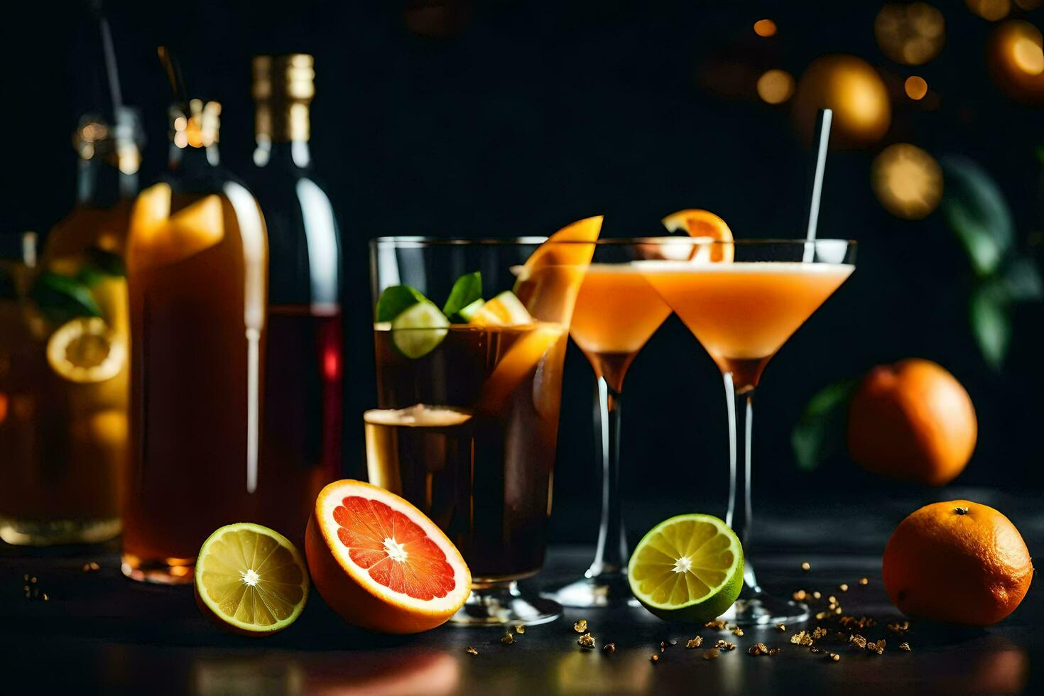 a group of cocktails with oranges and lemons. AI-Generated photo