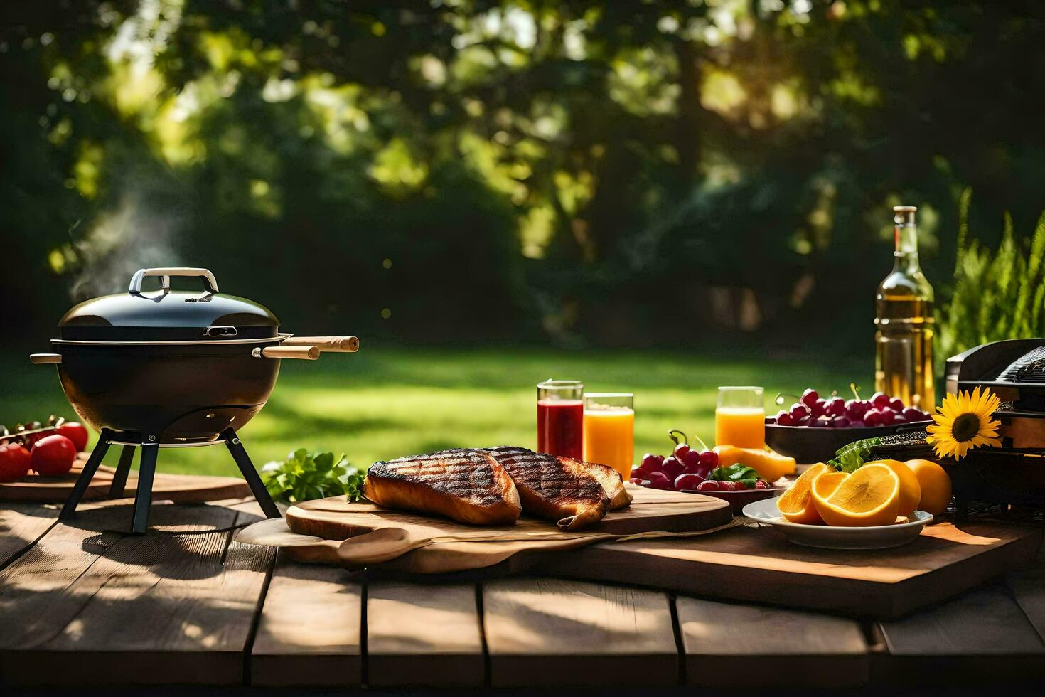 a grill and food on a table in the backyard. AI-Generated photo