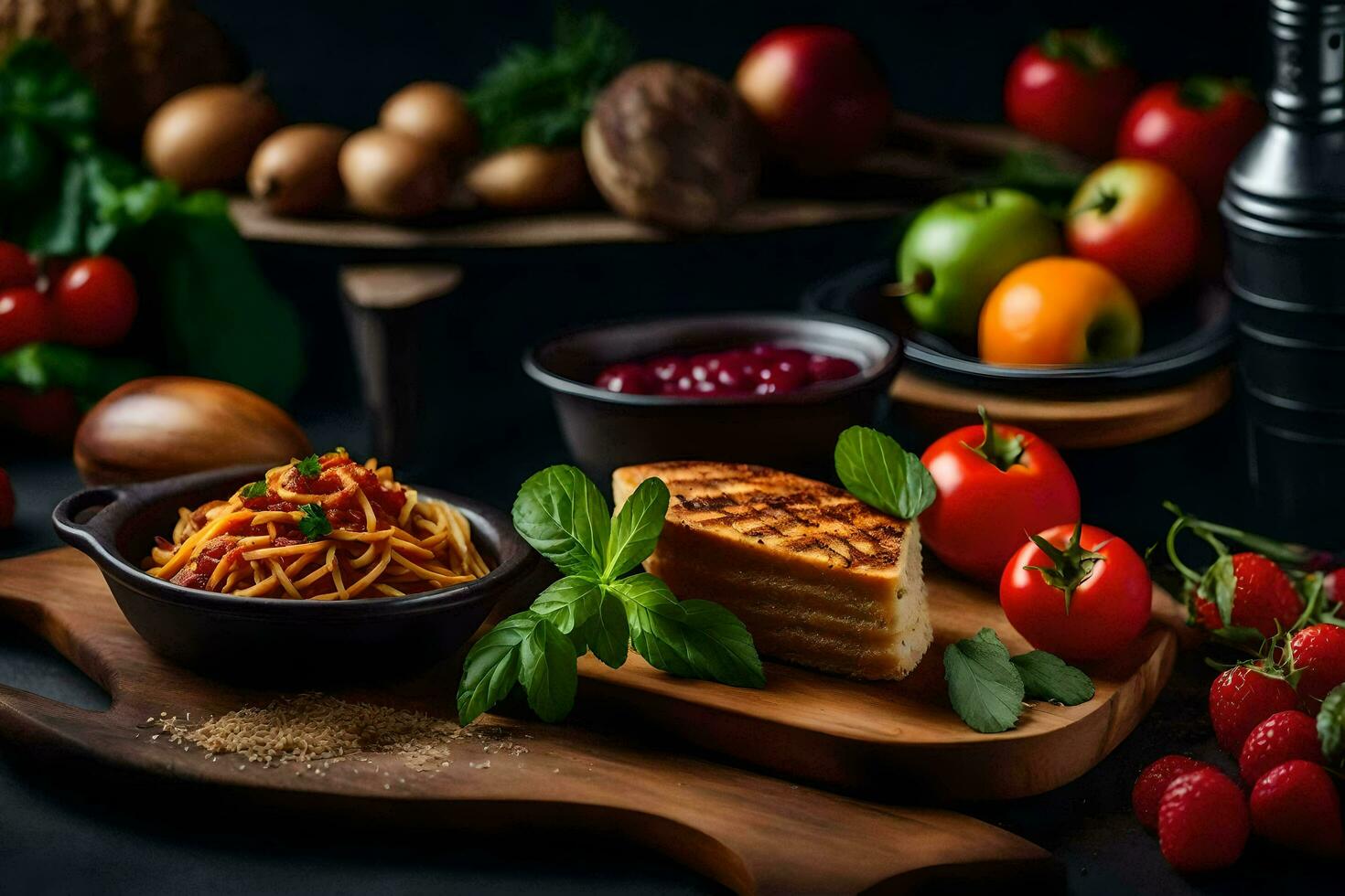 a table with food and vegetables on it. AI-Generated photo