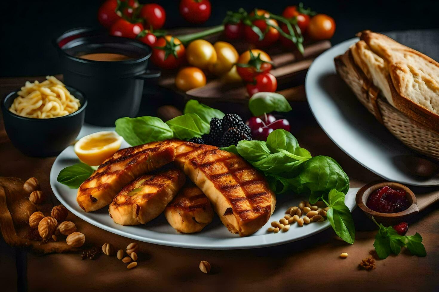 grilled chicken breast with vegetables and bread on a white plate. AI-Generated photo