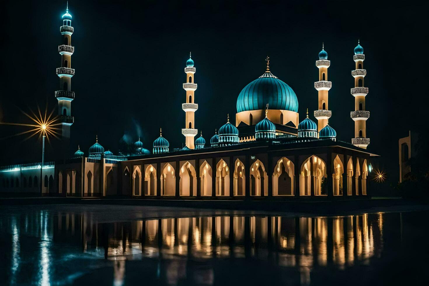 the mosque at night with its lights on. AI-Generated photo
