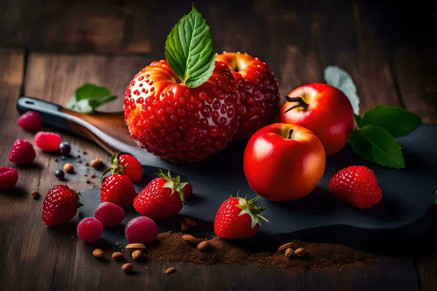 red and black berries on a wooden table. AI-Generated photo