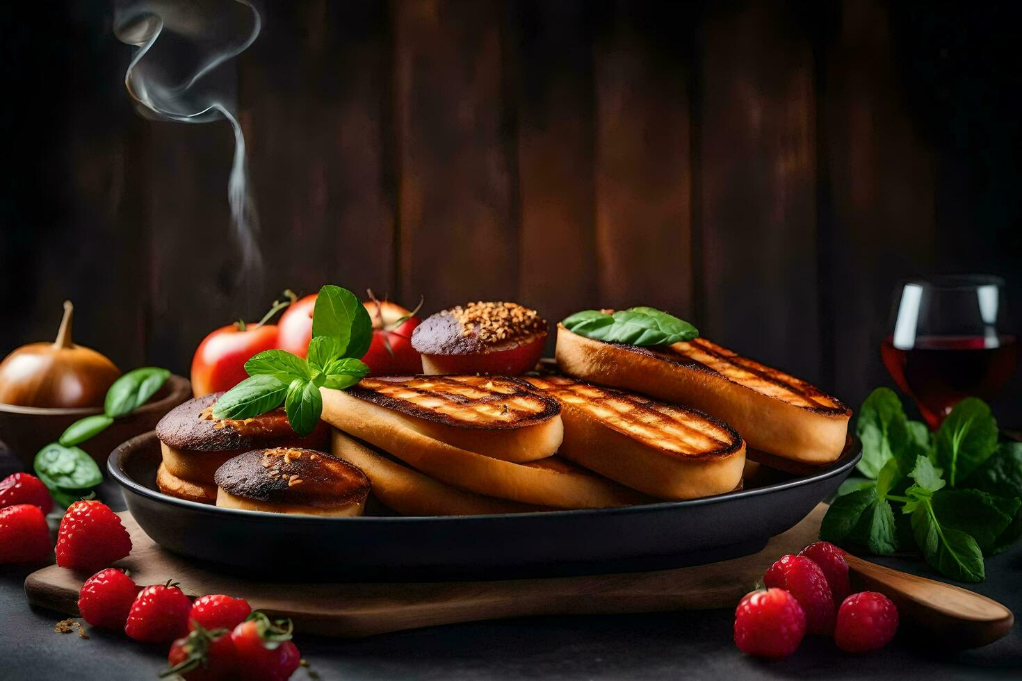 grilled cheese sandwiches in a pan with fresh tomatoes and berries. AI-Generated photo