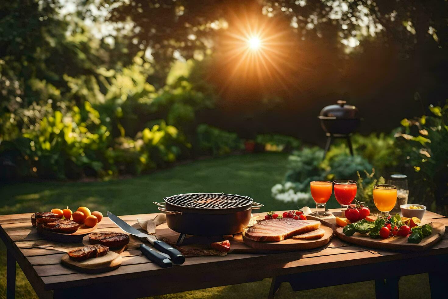 a picnic table with food and drinks on it. AI-Generated photo