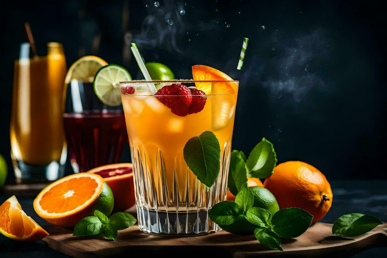 naranja jugo cóctel con Fresco Fruta y menta hojas. generado por ai foto