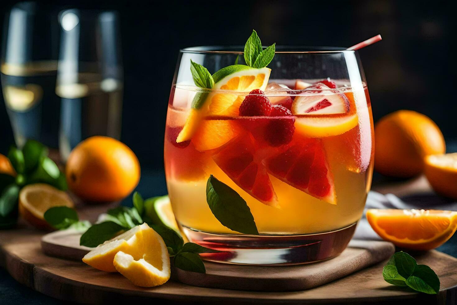 a glass of orange and lemonade on a wooden board. AI-Generated photo