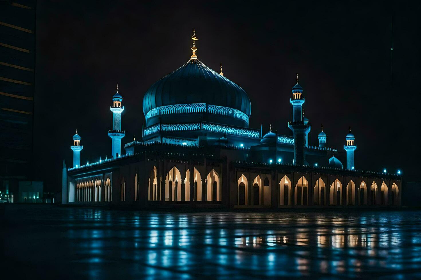 un mezquita iluminado arriba a noche con azul luces. generado por ai foto