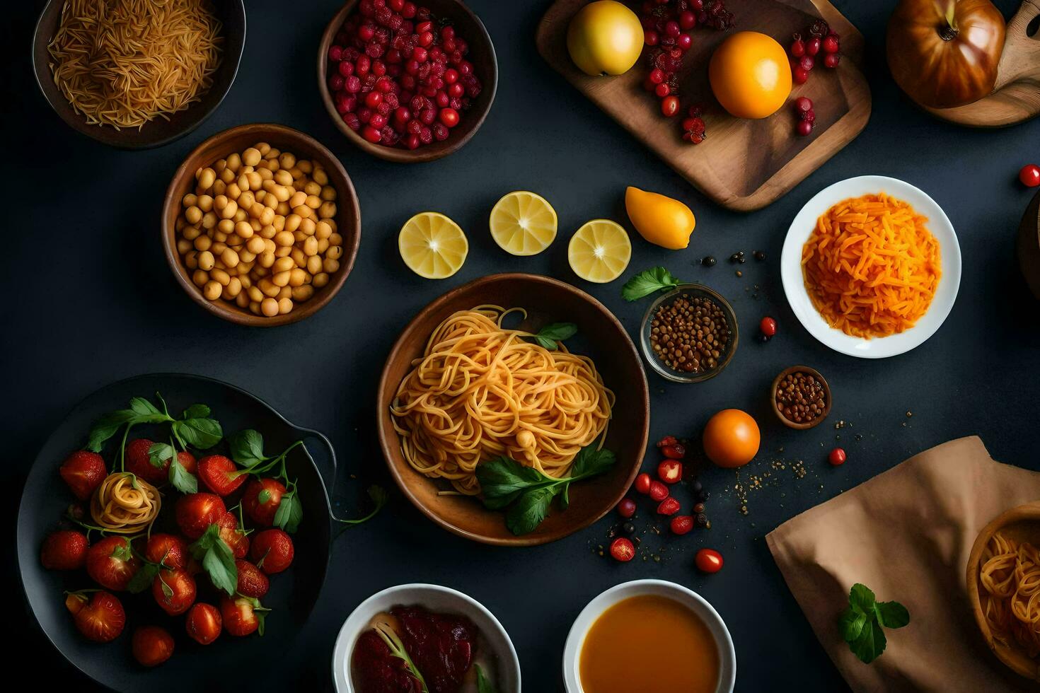 a variety of ingredients are arranged in bowls. AI-Generated photo