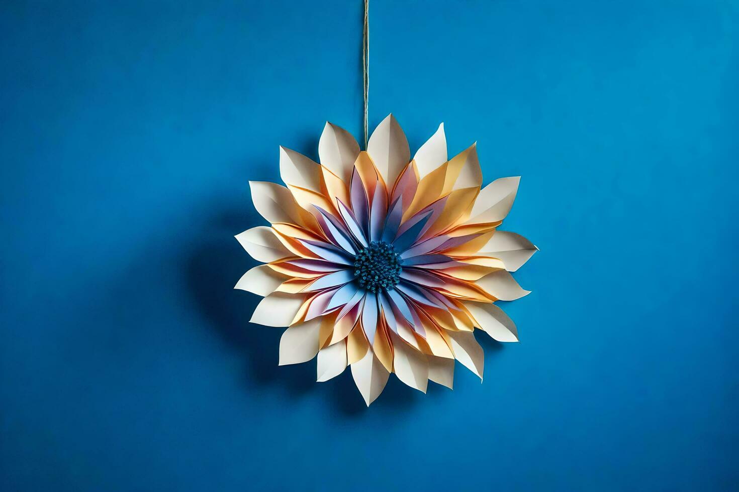 a paper flower hanging on a blue wall. AI-Generated photo