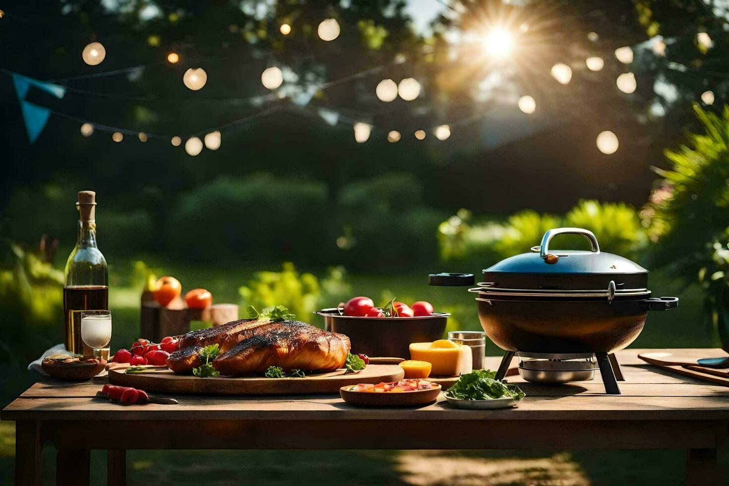 a picnic table with food and wine on it. AI-Generated photo