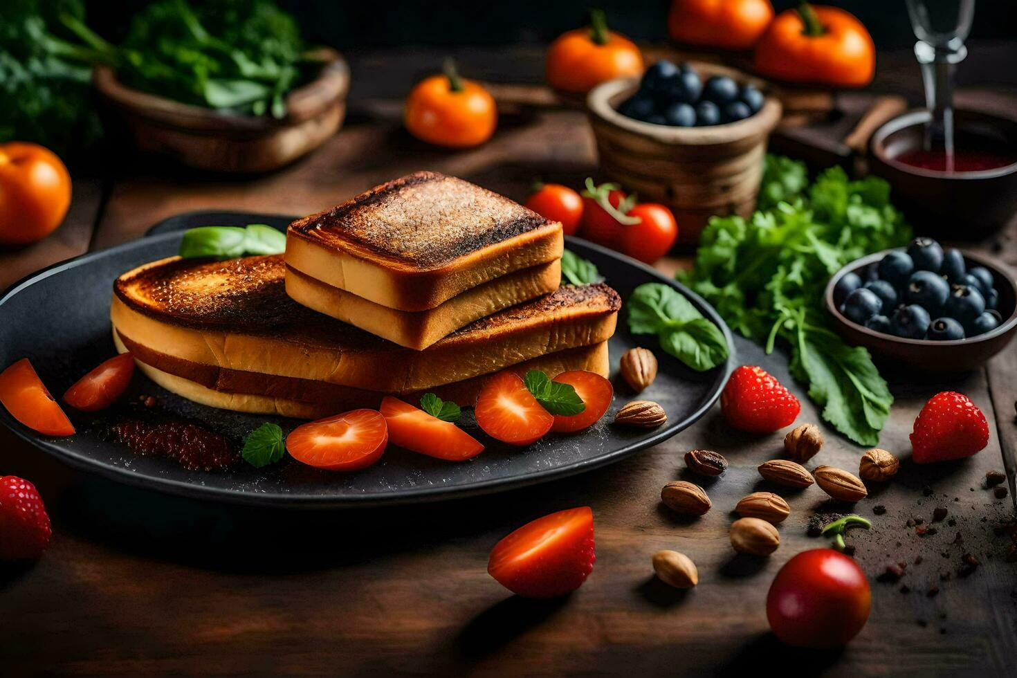 toasted bread with tomatoes and cheese on a black plate. AI-Generated photo