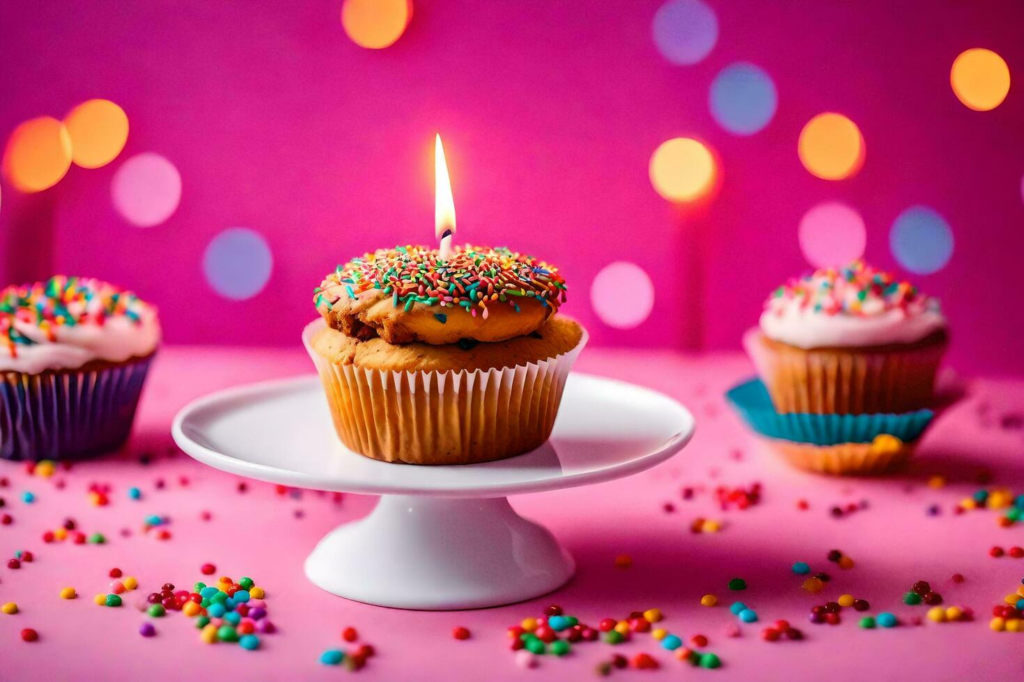 a cupcake with a lit candle on a cake stand. AI-Generated photo