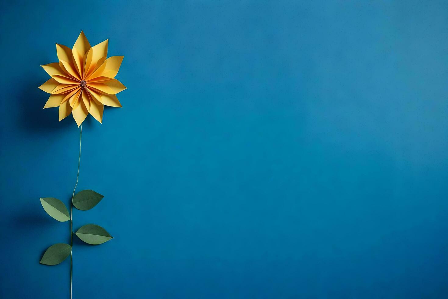 un amarillo origami flor en un azul pared. generado por ai foto