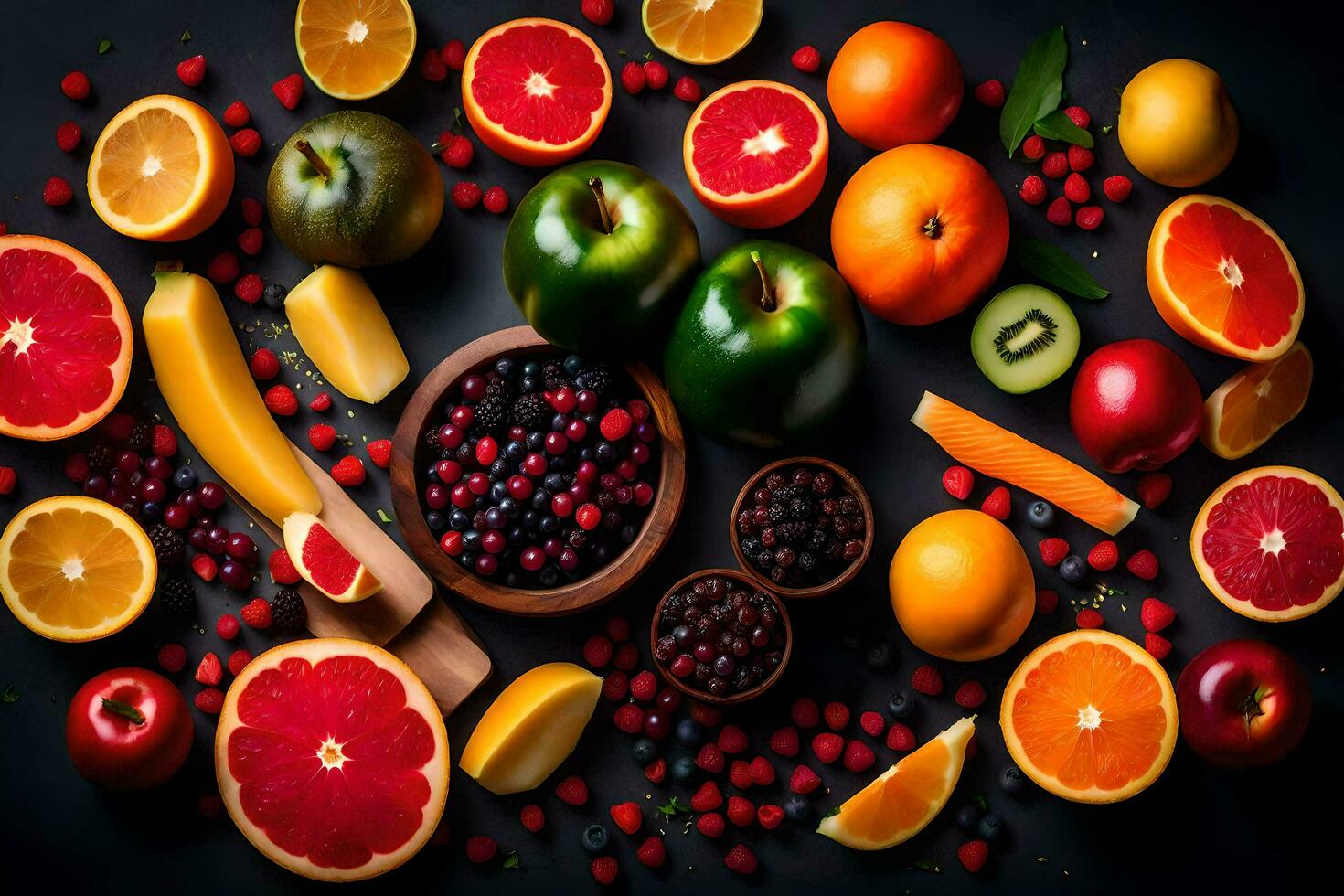 a variety of fruits and vegetables arranged on a black background. AI-Generated photo