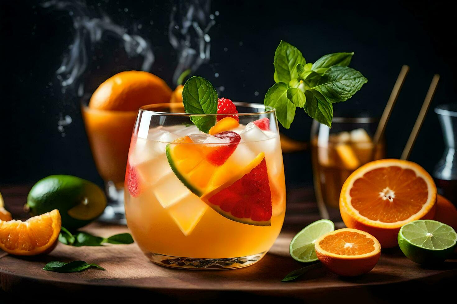 a glass of orange juice with oranges, mint and lime. AIGenerated