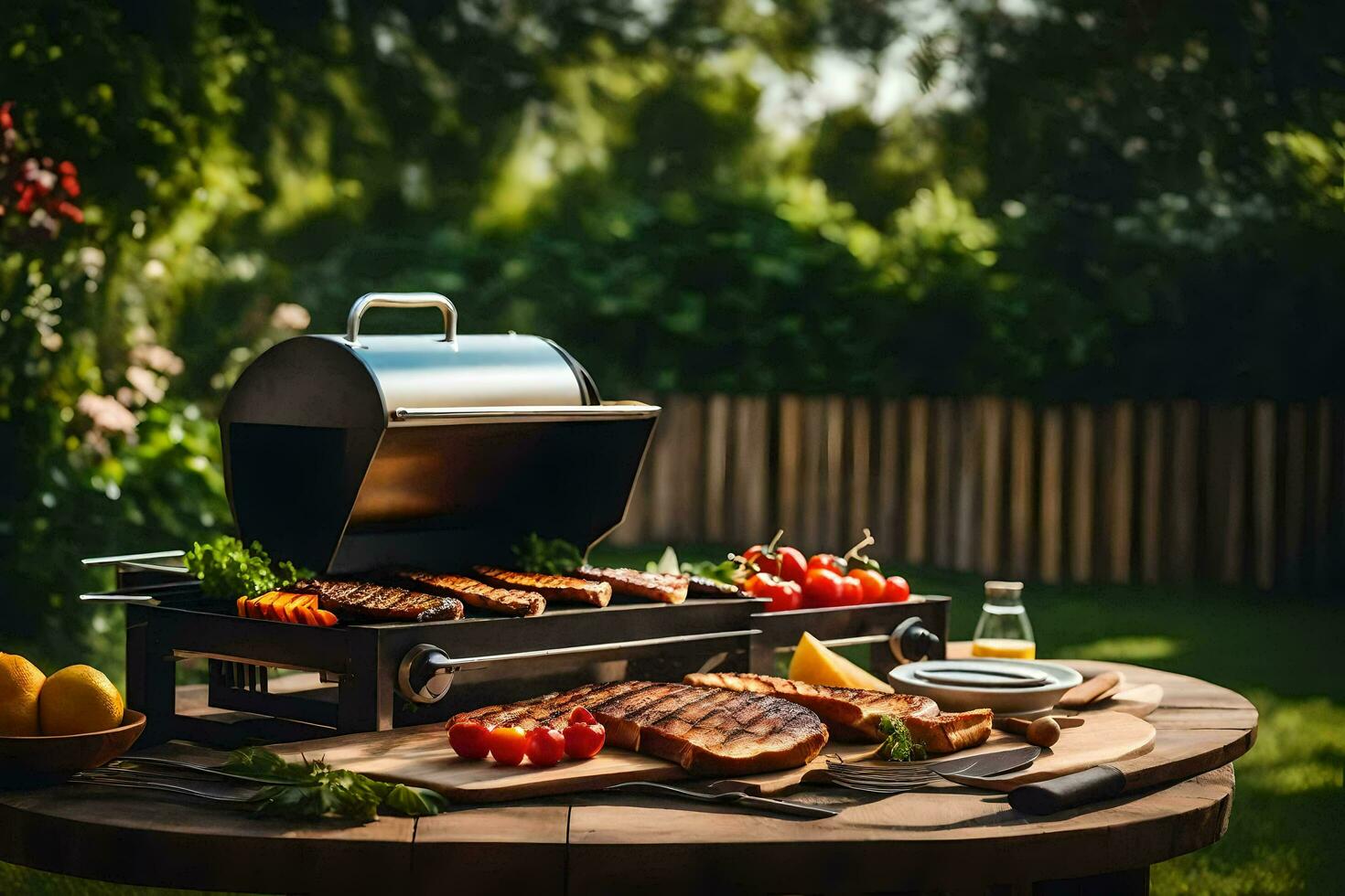 a grill with meat and vegetables on it. AI-Generated photo