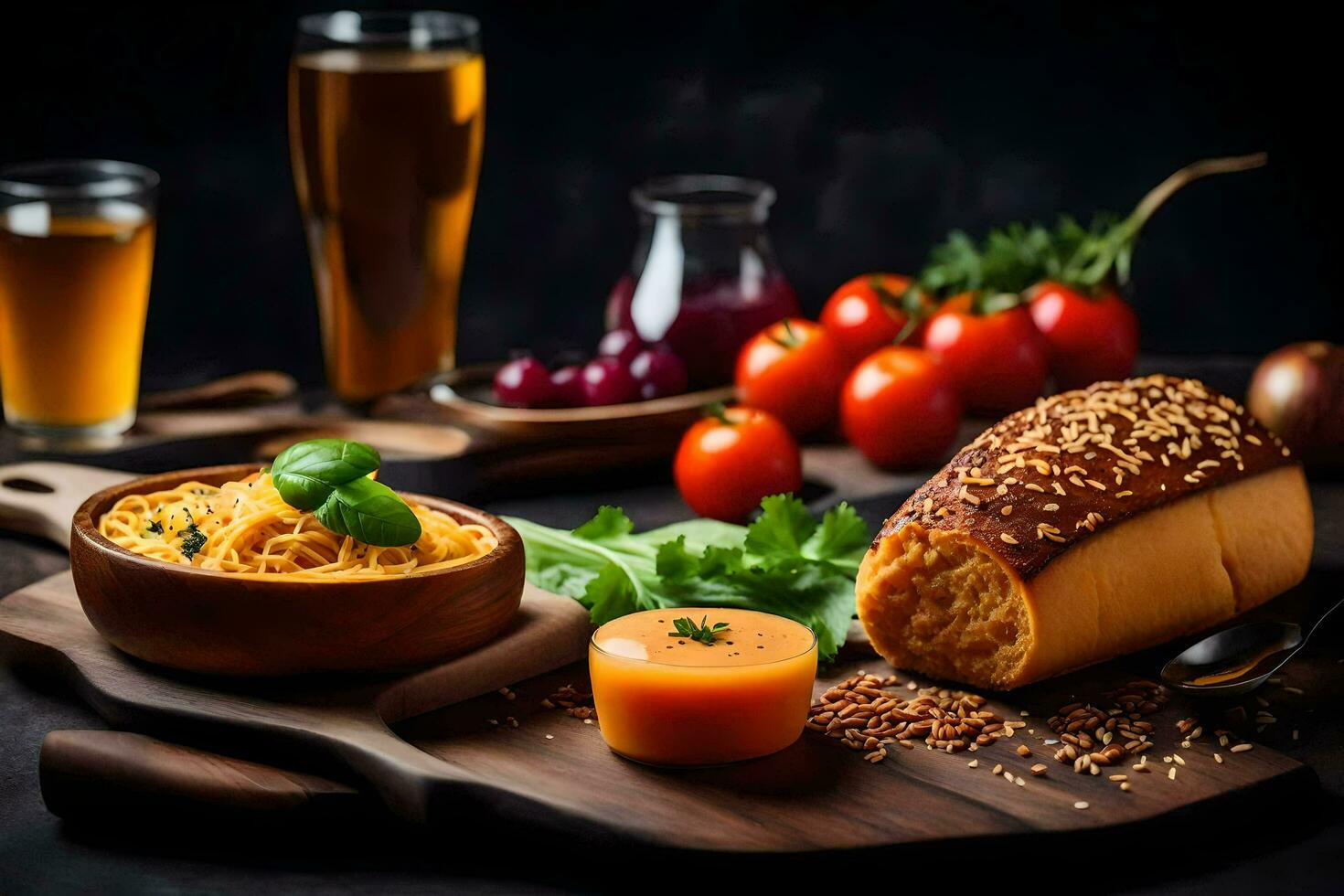 a wooden board with bread, cheese and vegetables. AI-Generated photo