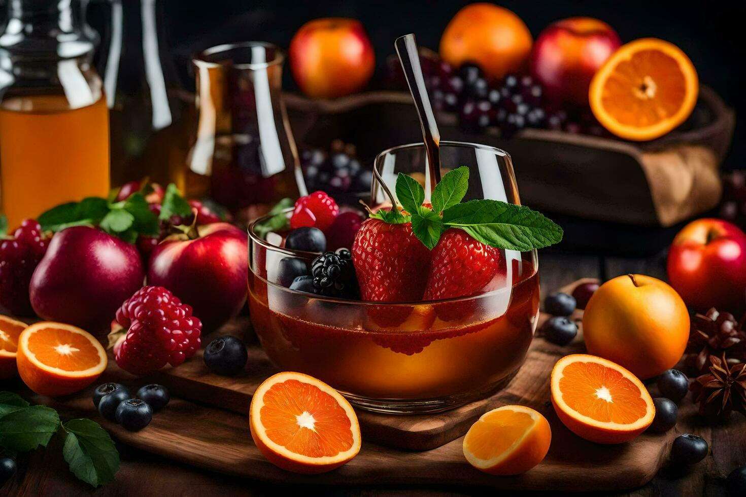 fruit juice in a glass with berries and other fruits. AI-Generated photo