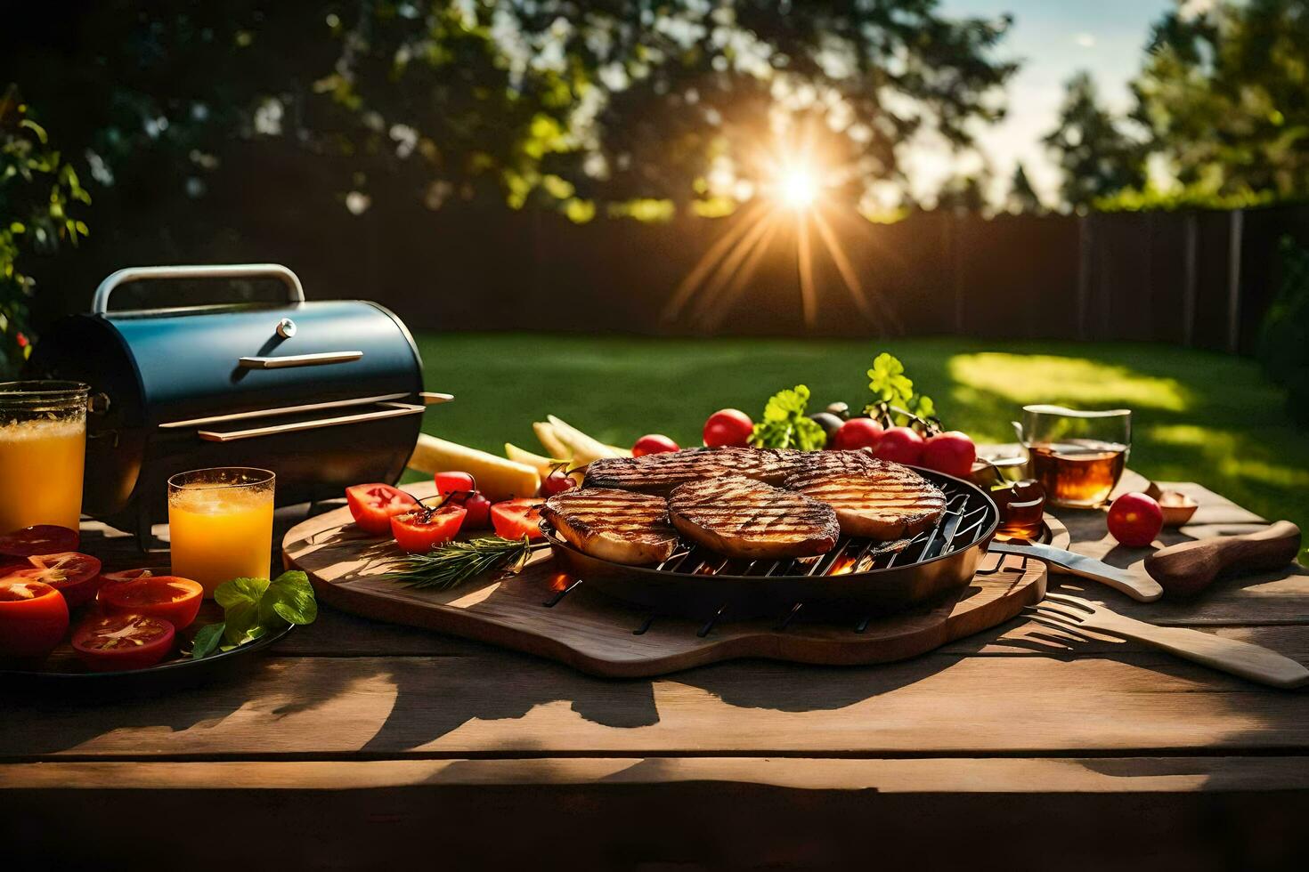grill with meat and vegetables on a table. AI-Generated photo