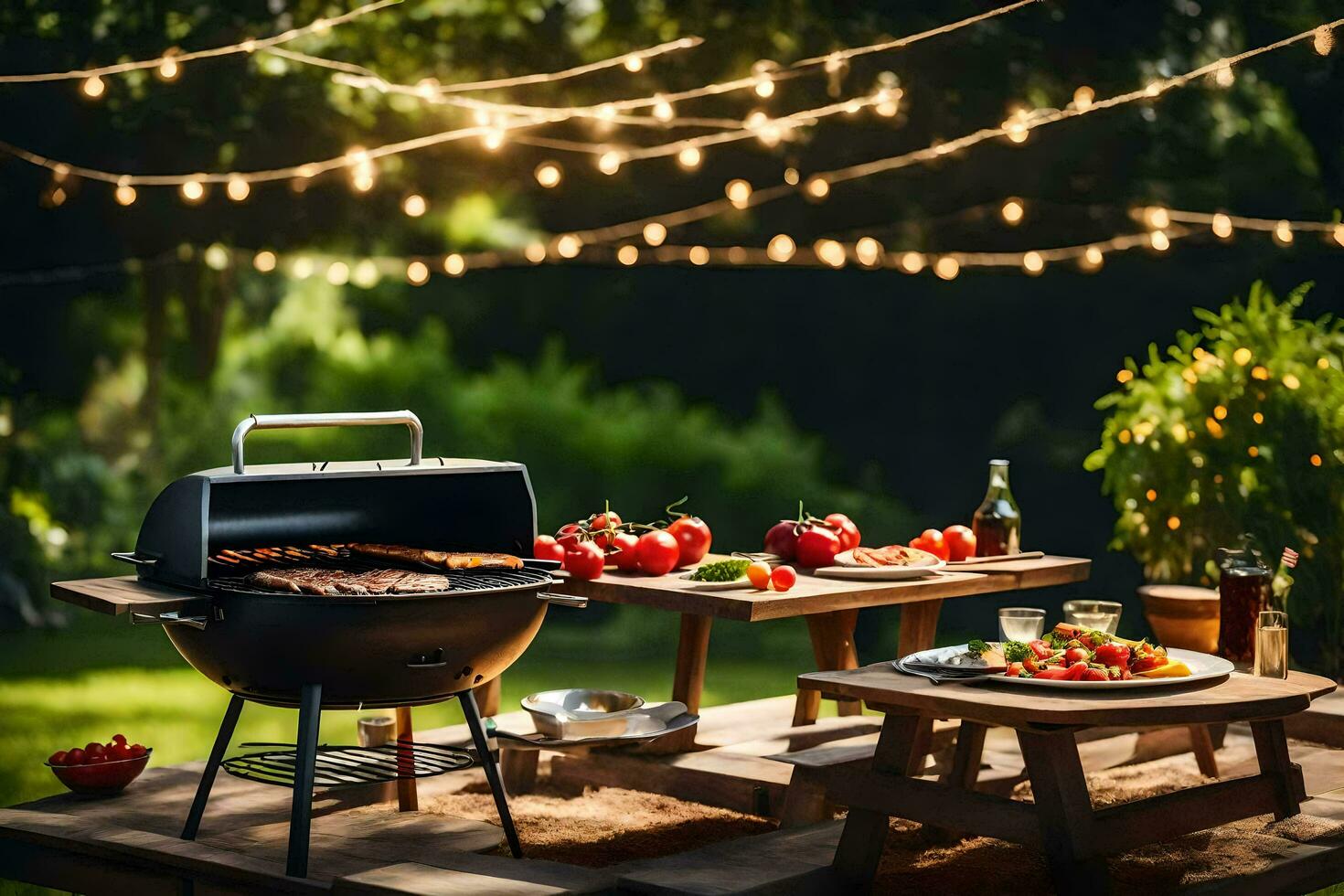 a barbecue grill on a table with food and drinks. AI-Generated photo