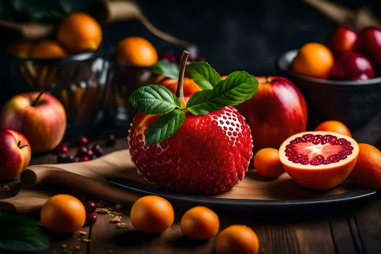 an apple, oranges and pomegranate on a wooden table. AI-Generated photo