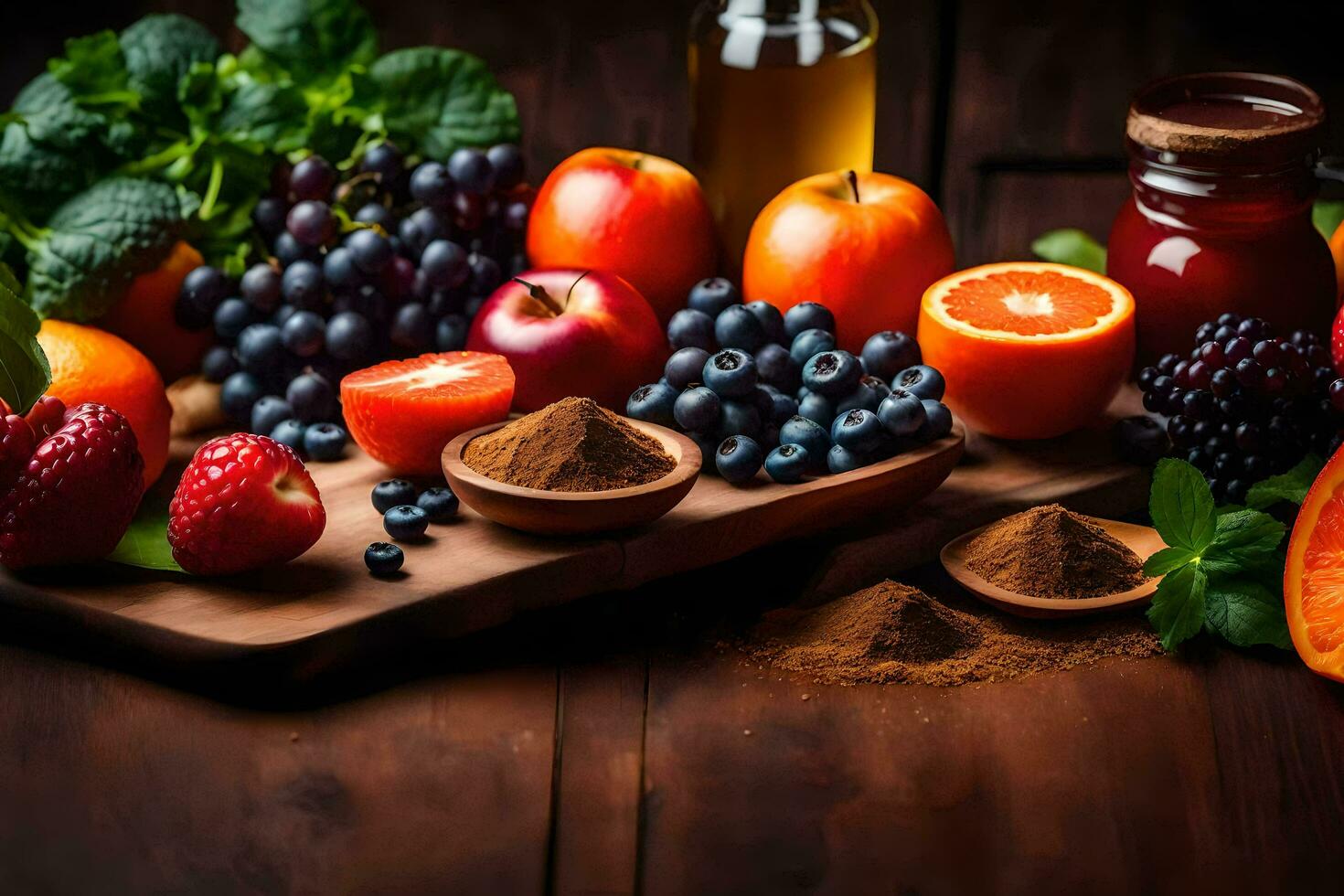 fruit and spices on a wooden table. AI-Generated photo