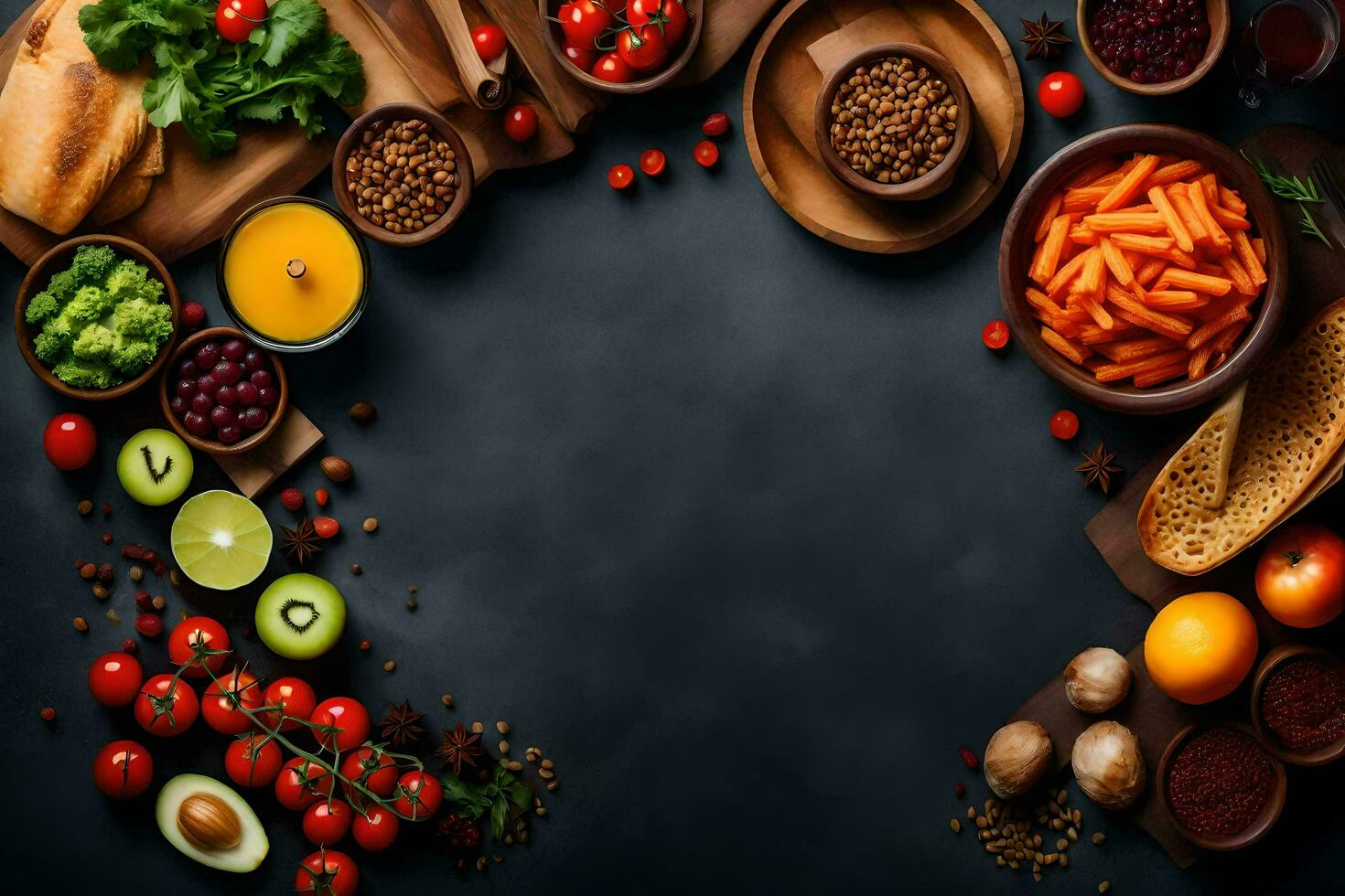 various types of food are arranged around a black table. AI-Generated photo