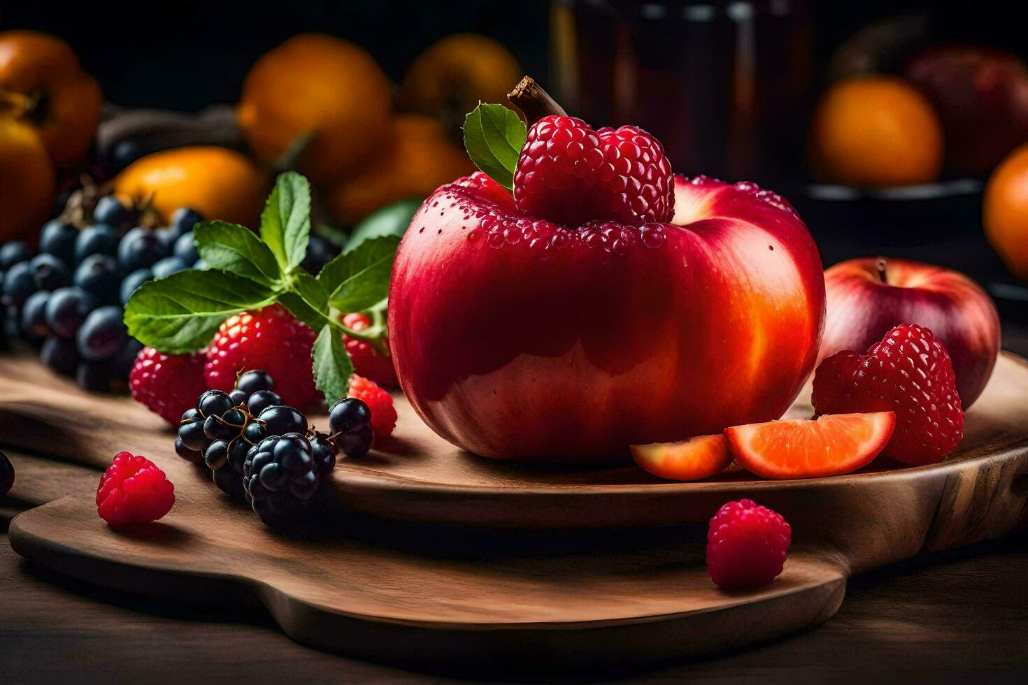 a red apple, raspberries, and other fruits on a wooden cutting board. AI-Generated photo