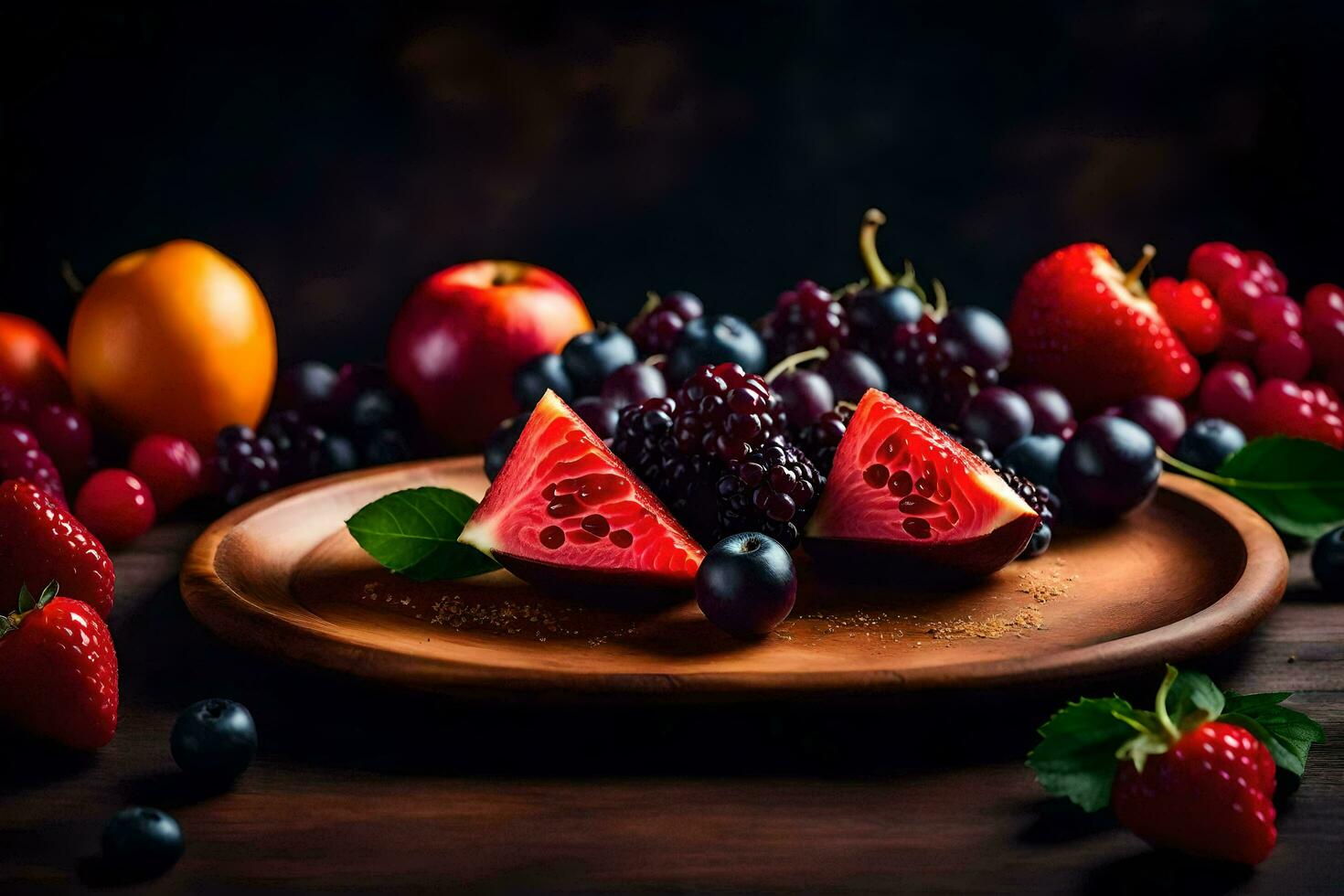 fresh fruits on a wooden plate. AI-Generated photo