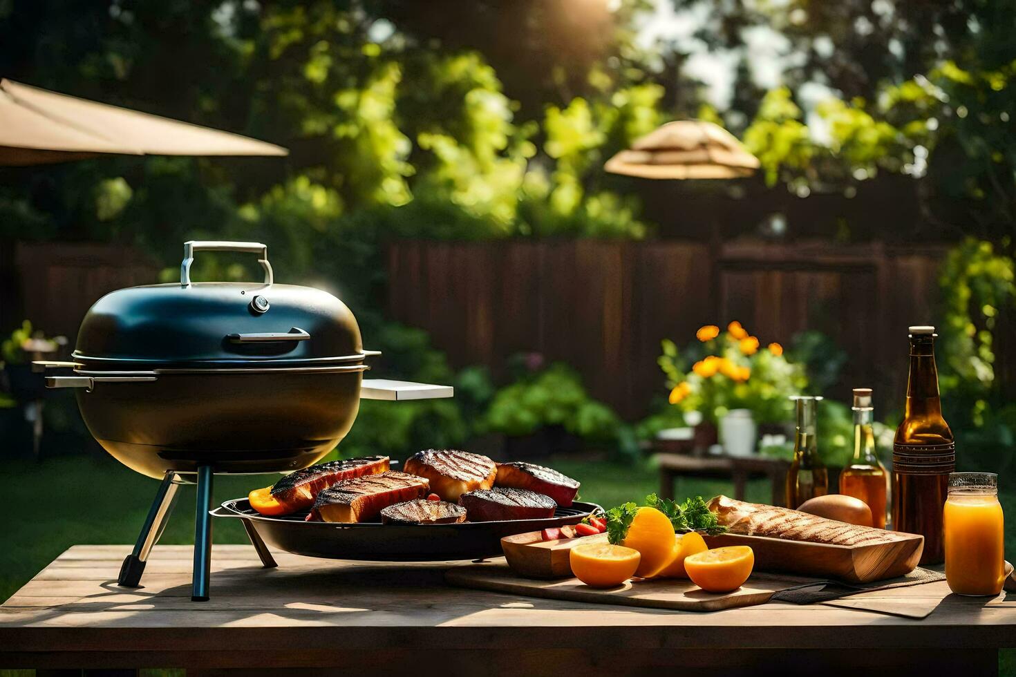 a grill on a table with food and drinks. AI-Generated photo