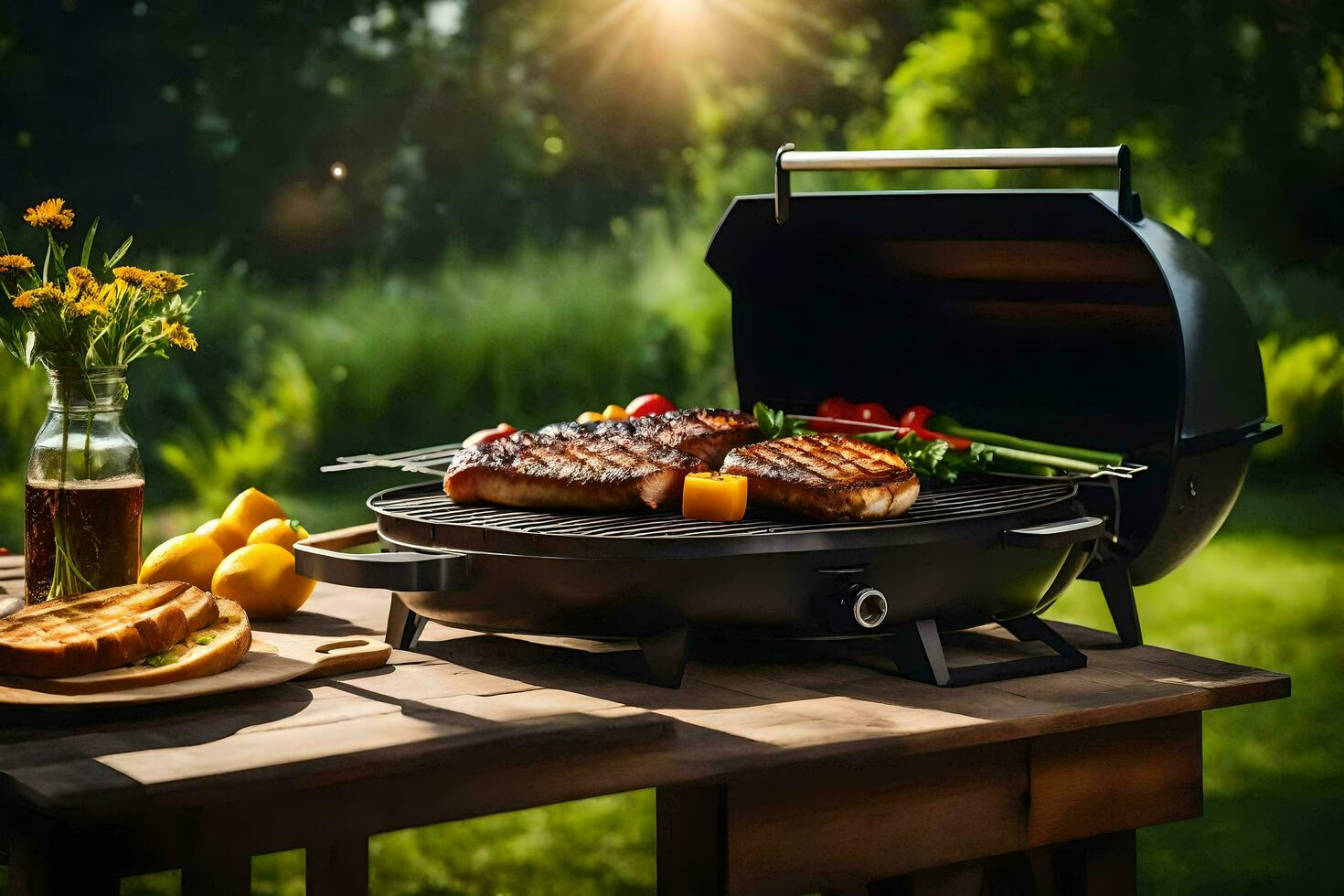 a grill with meat and vegetables on it. AI-Generated photo