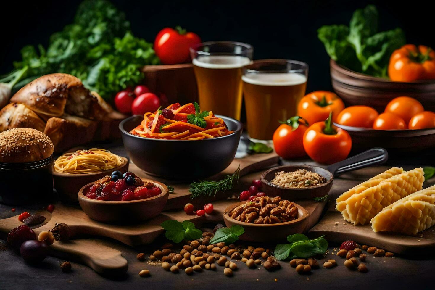 comidas en un de madera mesa. generado por ai foto