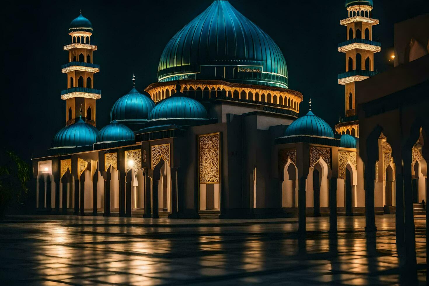 the mosque at night with blue domes. AI-Generated photo
