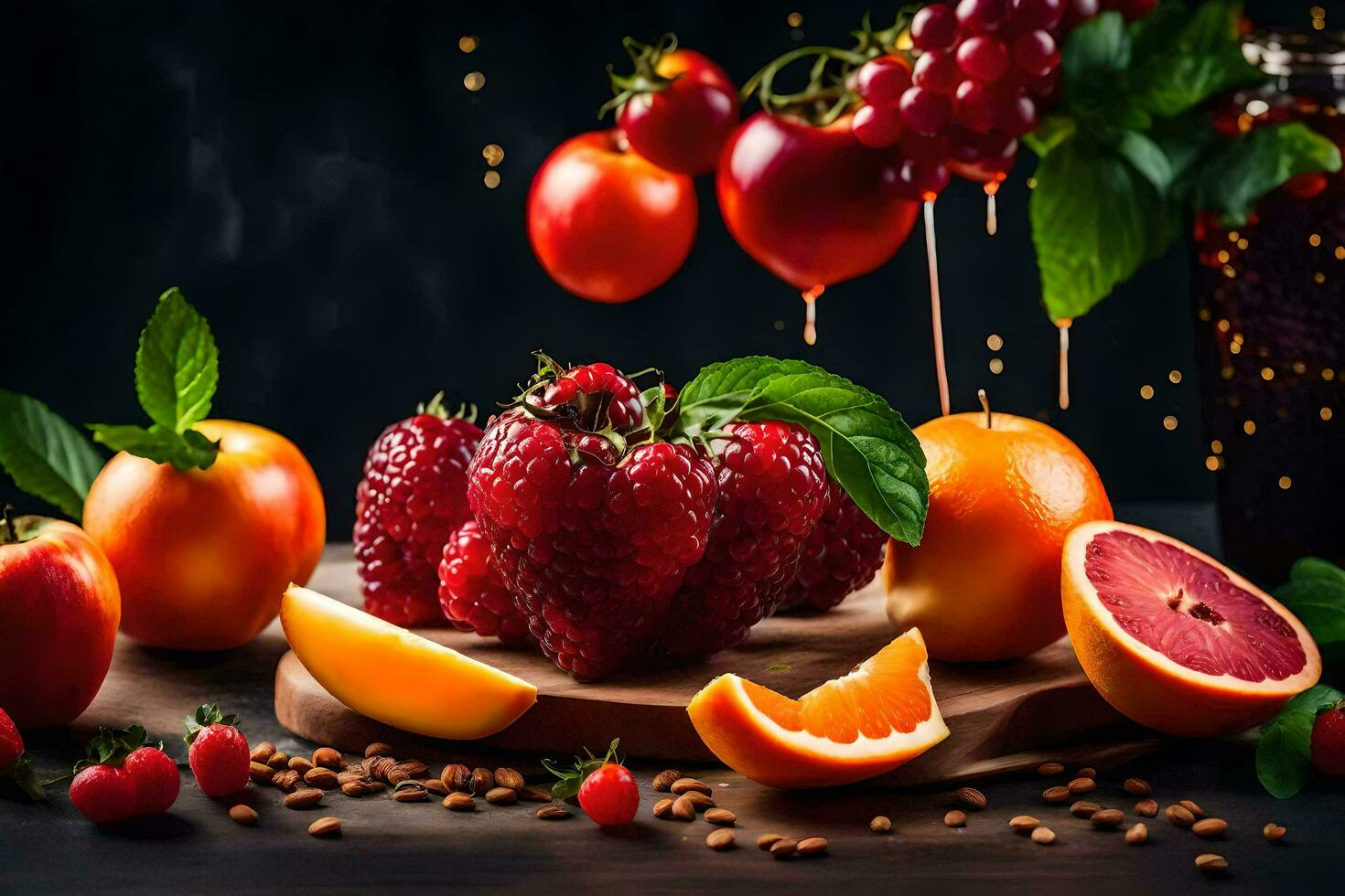 fresh fruits and berries on a wooden table. AI-Generated photo