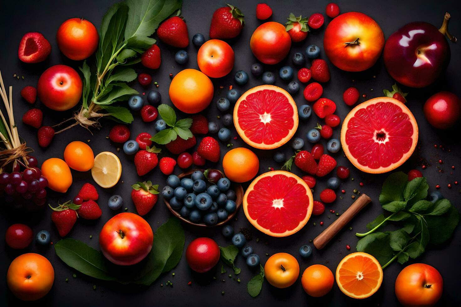 fresh fruits and vegetables arranged on a black background. AI-Generated photo