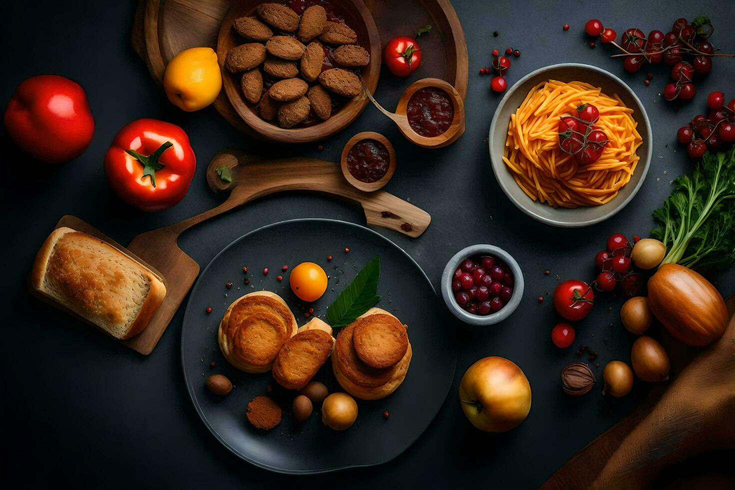 a table with various foods including bread, vegetables, and fruit. AI-Generated photo